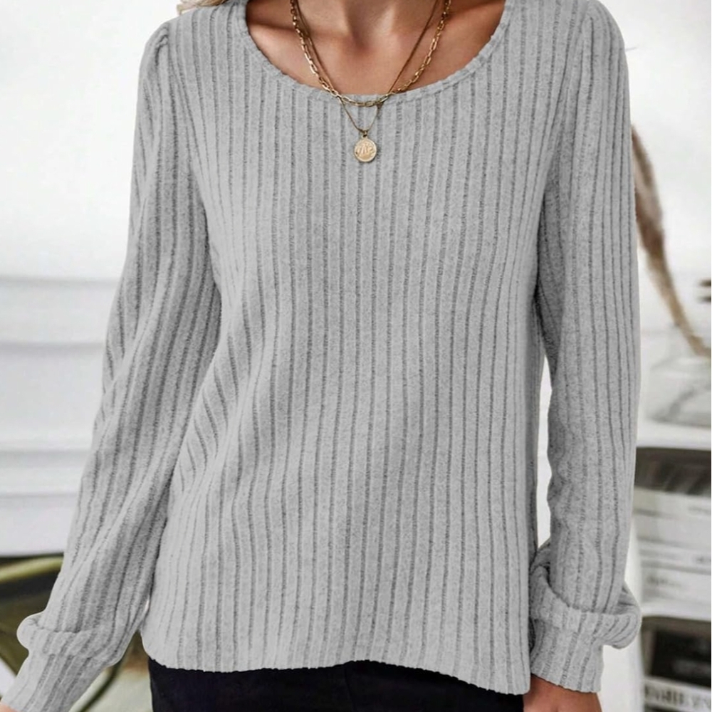 Gray Ribbed Long Sleeve Top